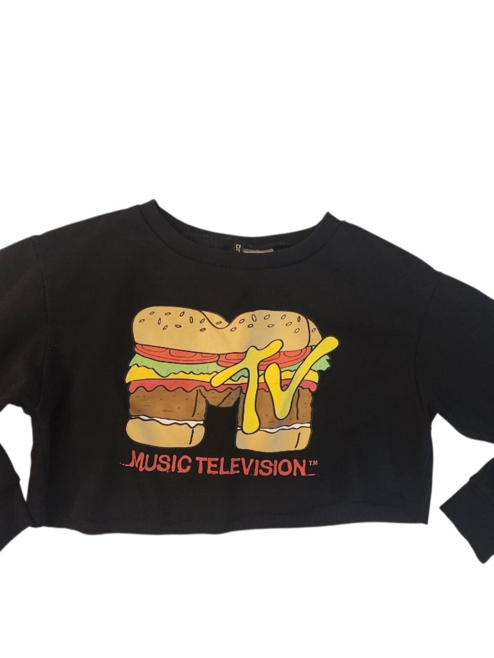 MTV Music Television Burger Graphic Cropped Long Sleeve Sweatshirt Size M Black